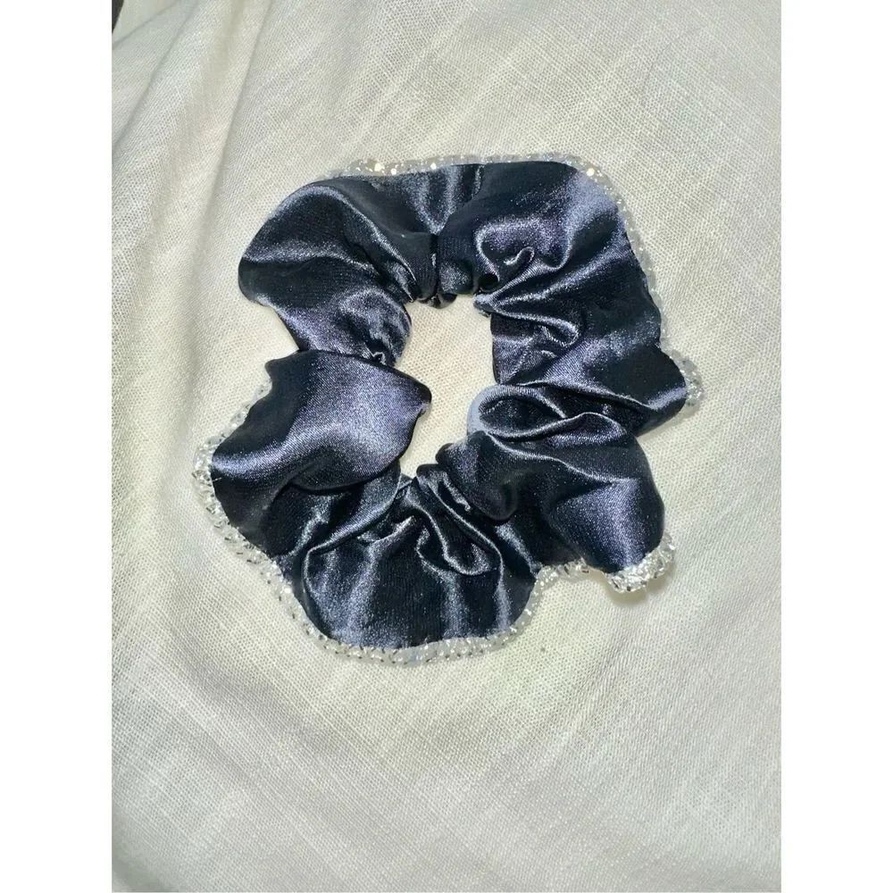Navy satin hair scrunchie with rhinestone trim